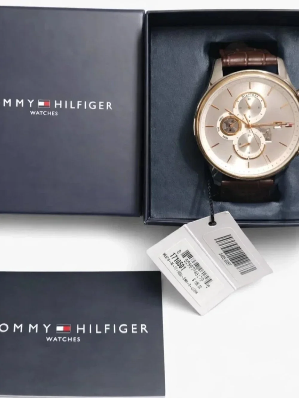 Tommy Hilfiger Men’s Multifunction Watch Silver Dial Brown Leather New-Open Box